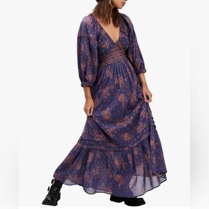 NWT Free People Golden Hour Maxi Dress in plum with maroon flowers. Size Large.